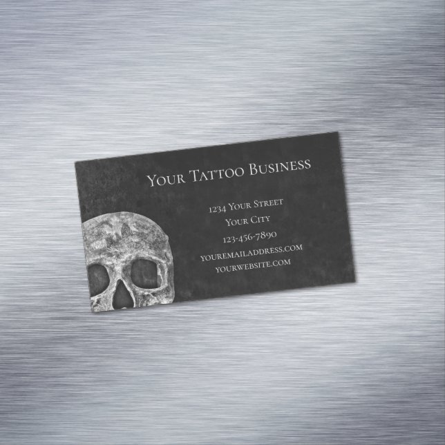Gothic Skull Head Black And White Tattoo Shop Business Card Magnet (In Situ)