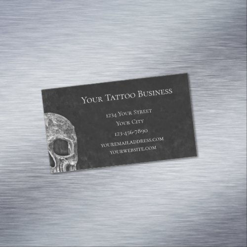 Gothic Skull Head Black And White Tattoo Shop Business Card Magnet