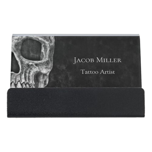 Gothic Skull Head Black And White Tattoo Shop Desk Business Card Holder