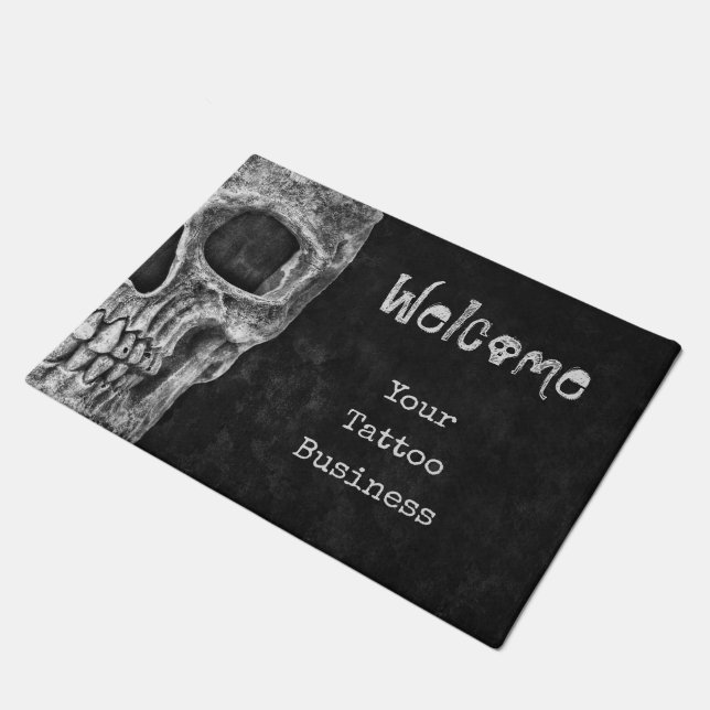 Gothic Skull Head Black And White Tattoo Shop Doormat (Angled)