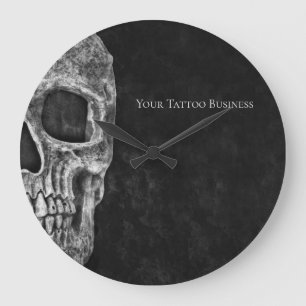 Gothic Skull Head Black And White Tattoo Shop Large Clock
