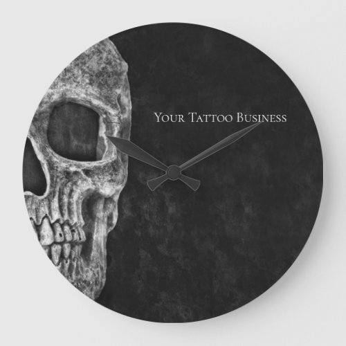 Gothic Skull Head Black And White Tattoo Shop Large Clock