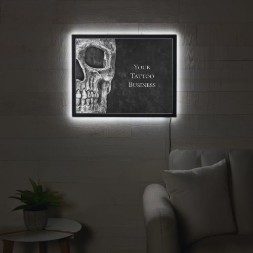 Gothic Skull Head Black And White Tattoo Shop LED Sign