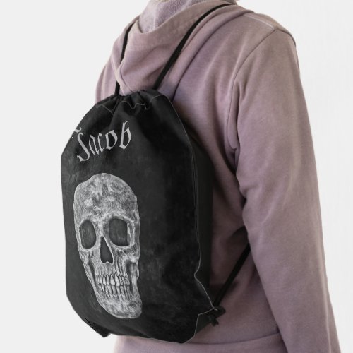 Gothic Skull Head Black And White Texture Grunge Drawstring Bag