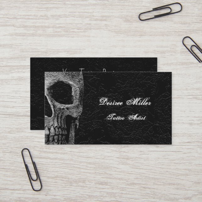 Gothic Skull Head Black Gray Floral Tattoo Artist Business Card (Front/Back In Situ)
