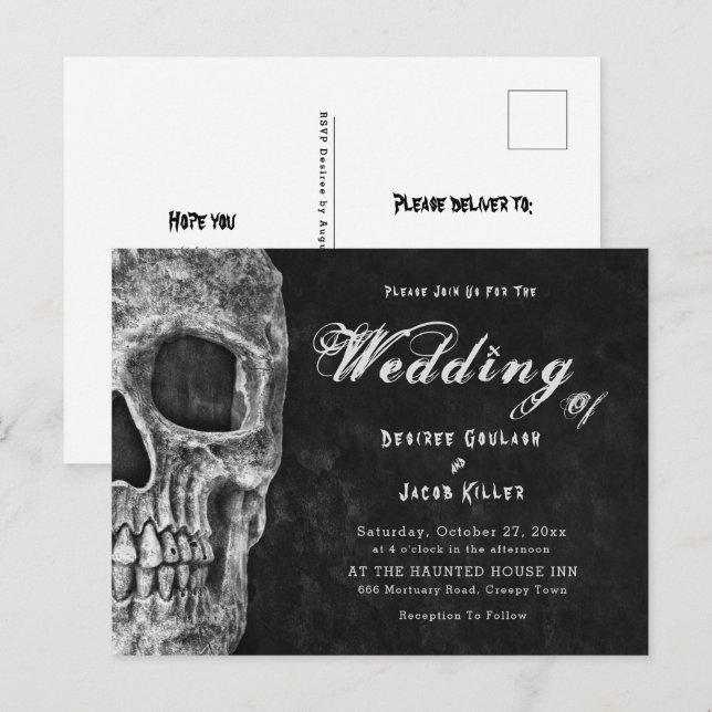 Gothic Skull Head Black Hallowedding Invitation Postcard (Front/Back)