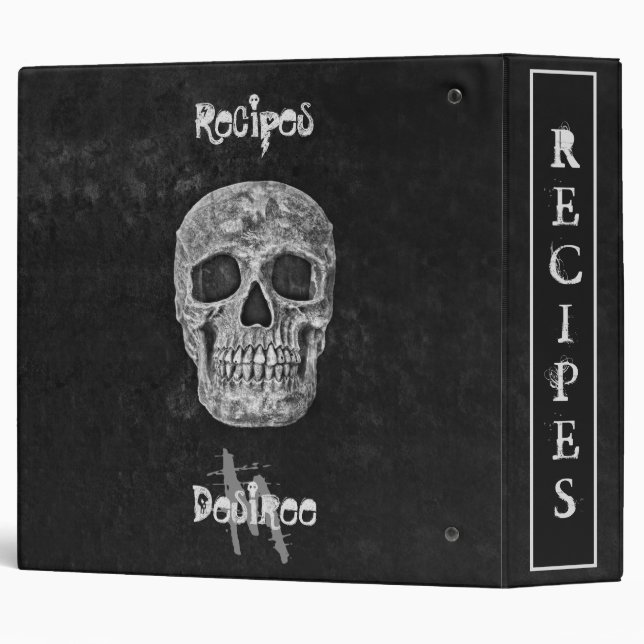 Gothic Skull Head Black White Recipes Monogram 3 Ring Binder (Back/Spine)