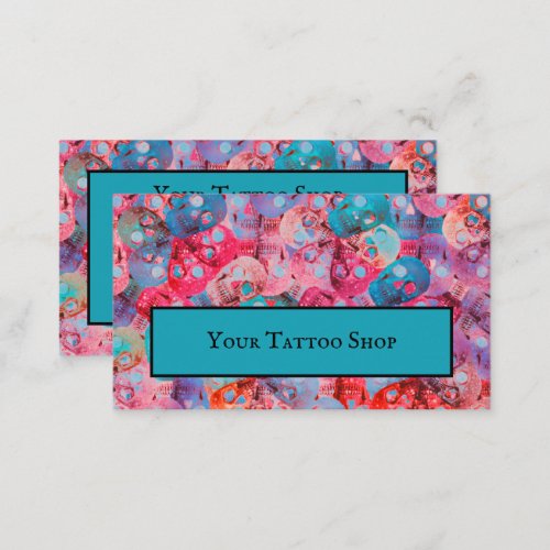 Gothic Skull Head Colorful Teal Blue Pink Pattern Business Card