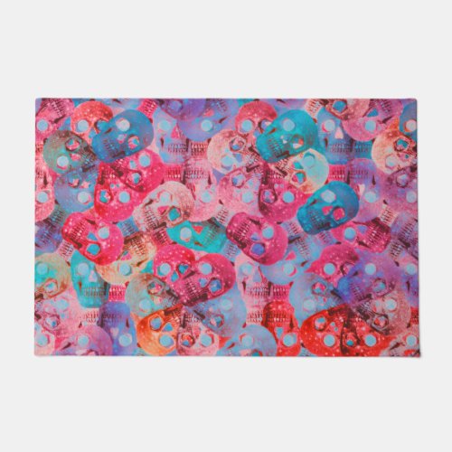 Gothic Skull Head Colorful Teal Blue Pink Pattern Doormat