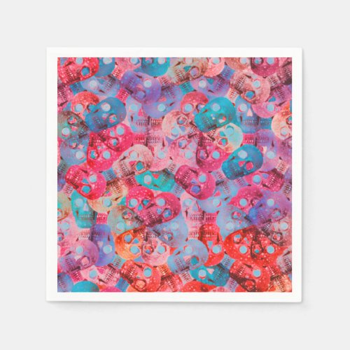 Gothic Skull Head Colorful Teal Blue Pink Pattern Napkins