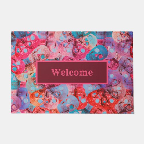 Gothic Skull Head Colorful Teal Blue Pink Welcome Doormat