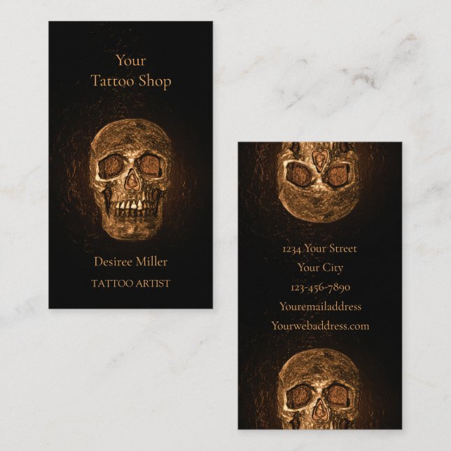 Gothic Skull Head Glowing Gold Black Tattoo Shop Business Card (Front/Back)
