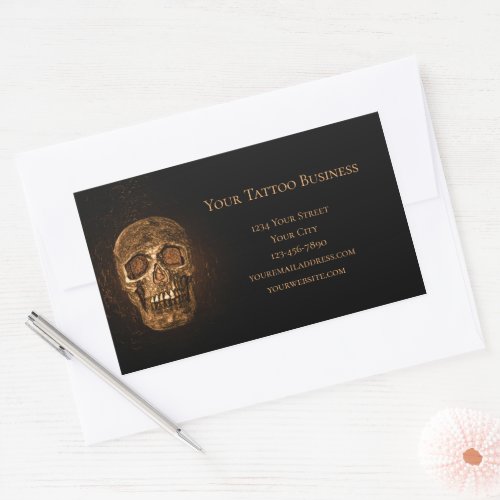 Gothic Skull Head Glowing Gold Black Tattoo Shop Rectangular Sticker