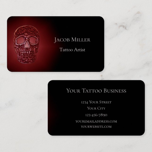 Gothic Skull Head Glowing Red Black Tattoo Shop Business Card (Front/Back)