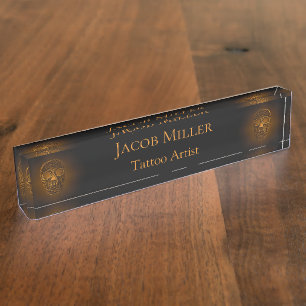 Gothic Skull Head Gold Metallic Tattoo Artist Desk Name Plate