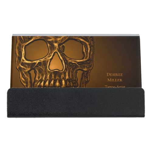 Gothic Skull Head Gold Metallic Tattoo Shop Desk Business Card Holder
