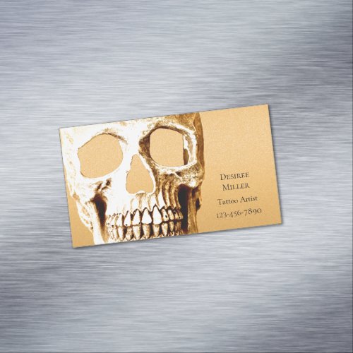 Gothic Skull Head Gold White Tattoo Shop Business Card Magnet