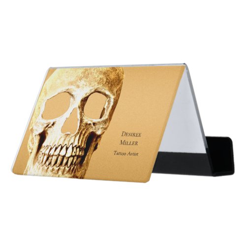 Gothic Skull Head Gold White Tattoo Shop Desk Business Card Holder