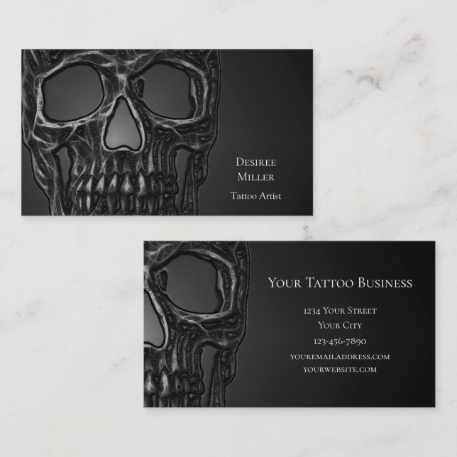 Gothic Skull Head Gray Metallic Tattoo Shop Business Card (Front/Back)