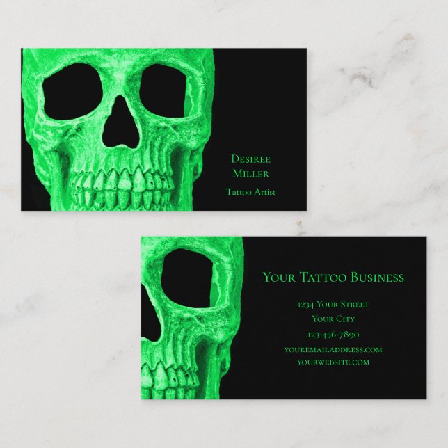 Gothic Skull Head Green Neon Black Tattoo Shop Business Card (Front/Back)