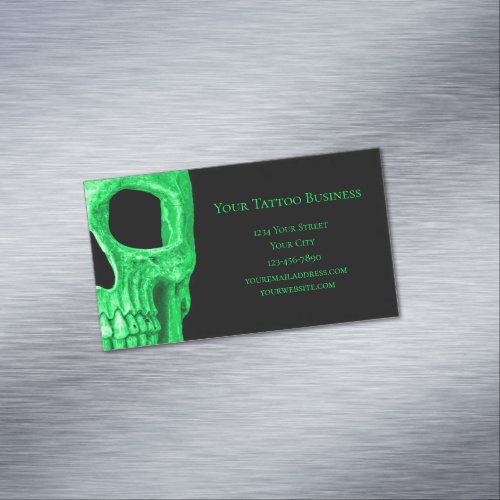 Gothic Skull Head Green Neon Black Tattoo Shop Business Card Magnet