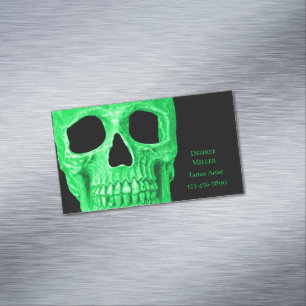 Gothic Skull Head Green Neon Black Tattoo Shop Business Card Magnet