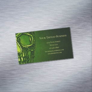 Gothic Skull Head Green Neon Metallic Tattoo Shop Business Card Magnet