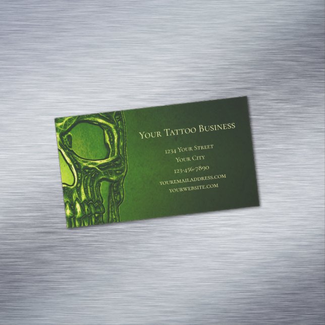 Gothic Skull Head Green Neon Metallic Tattoo Shop Business Card Magnet (In Situ)