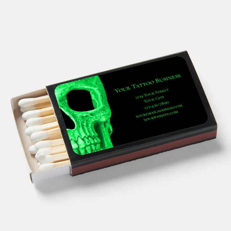 Gothic Skull Head Neon Green Black Tattoo Shop Matchboxes | Zazzle