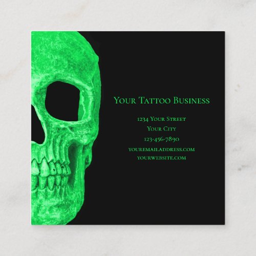 Gothic Skull Head Neon Green Black Tattoo Shop Square Business Card