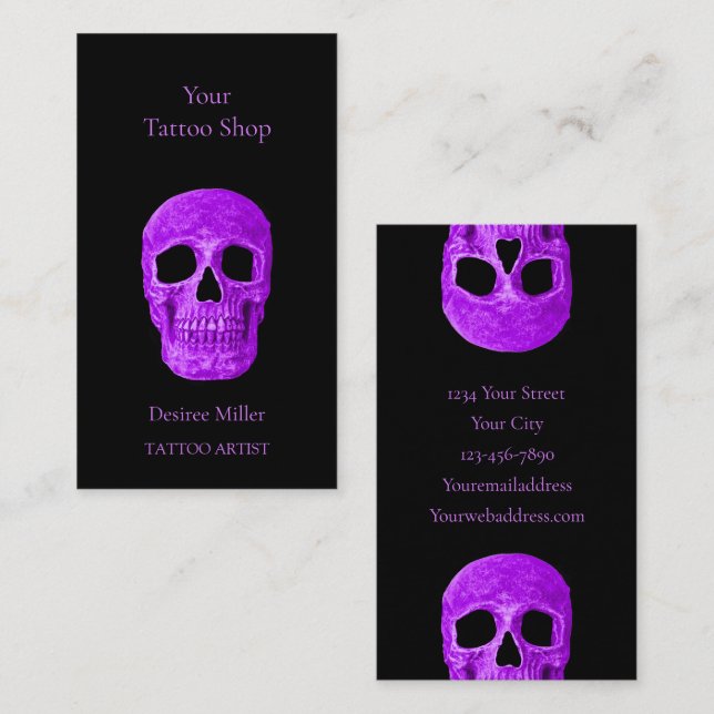 Gothic Skull Head Neon Purple Black Tattoo Shop Business Card (Front/Back)