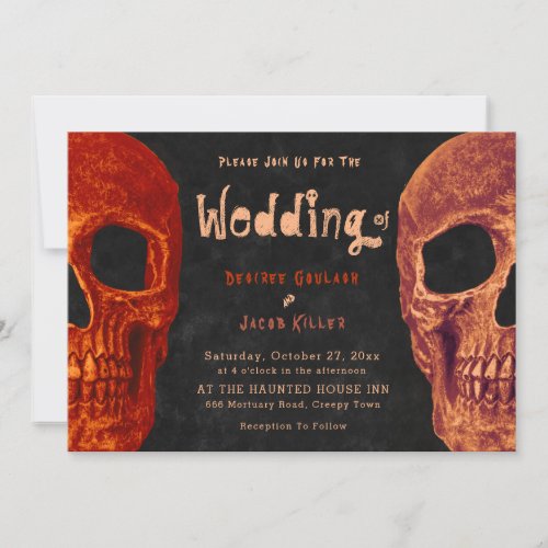 Gothic Skull Head Orange Black Halloween Wedding Invitation