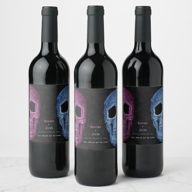 Gothic Skull Head Pink Blue Halloween Wedding Wine Label (Bottles)
