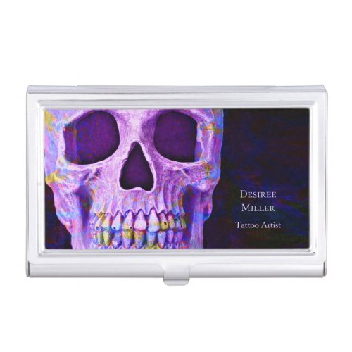 Gothic Skull Head Purple Blue Tattoo Shop Business Card Case