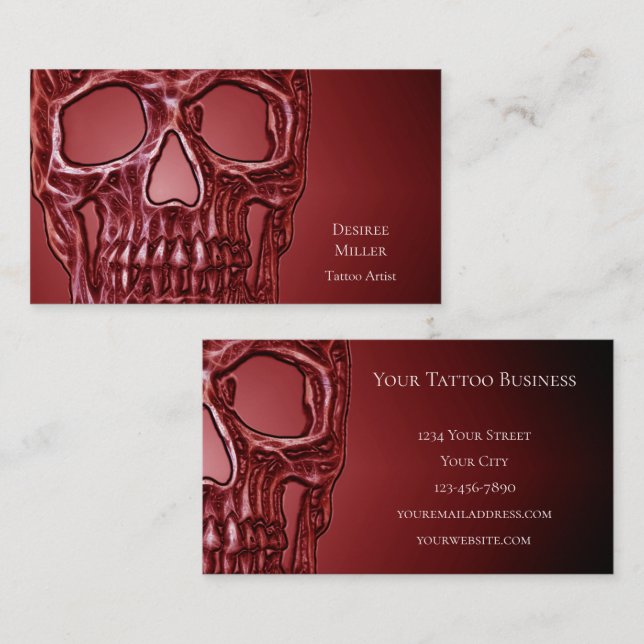 Gothic Skull Head Red Black Glowing Tattoo Shop Business Card (Front/Back)