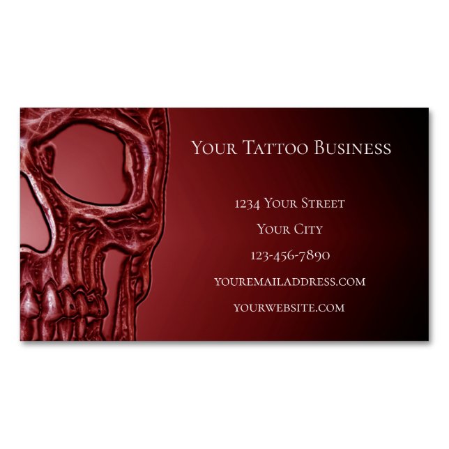 Gothic Skull Head Red Black Glowing Tattoo Shop Business Card Magnet (Front)