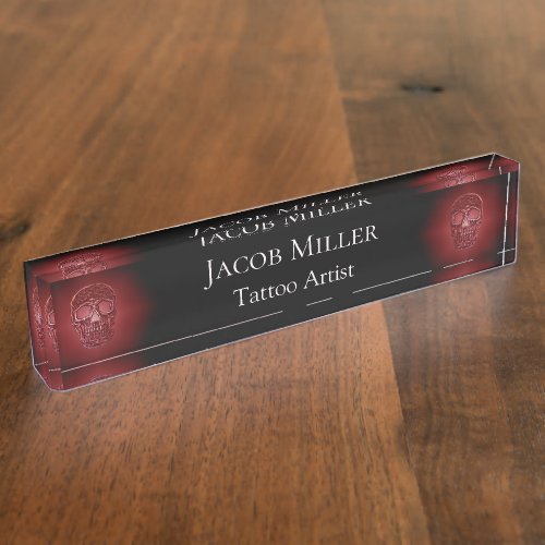 Gothic Skull Head Red Black Glowing Tattoo Shop Desk Name Plate