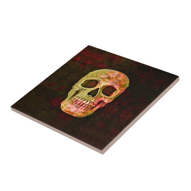 Gothic Skull Head Red Green Retro Vintage Ceramic Tile (Side)