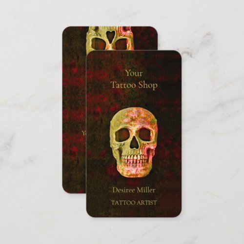Gothic Skull Head Red Green Tattoo Shop Business Card