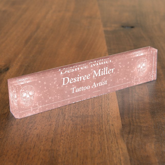 Gothic Skull Head Rose Gold Elegant Girly Glitter Desk Name Plate (Side)