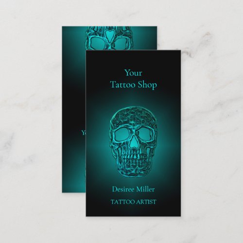 Gothic Skull Head Teal Green Tattoo Shop Business Card