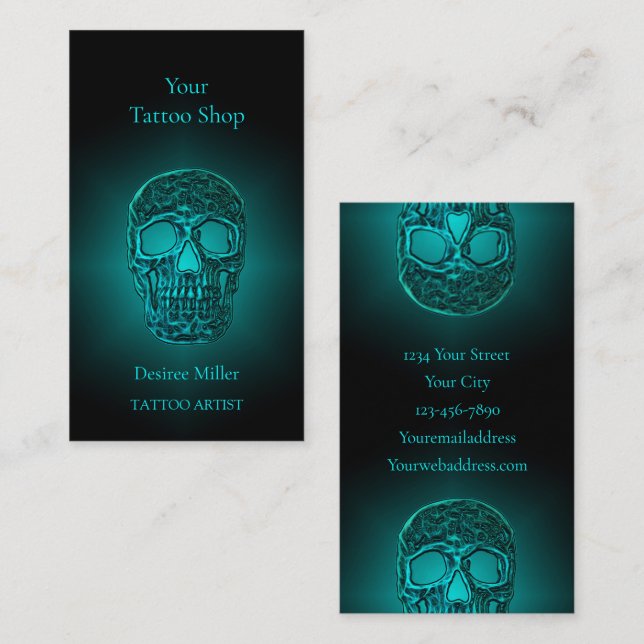 Gothic Skull Head Teal Green Tattoo Shop Business Card (Front/Back)