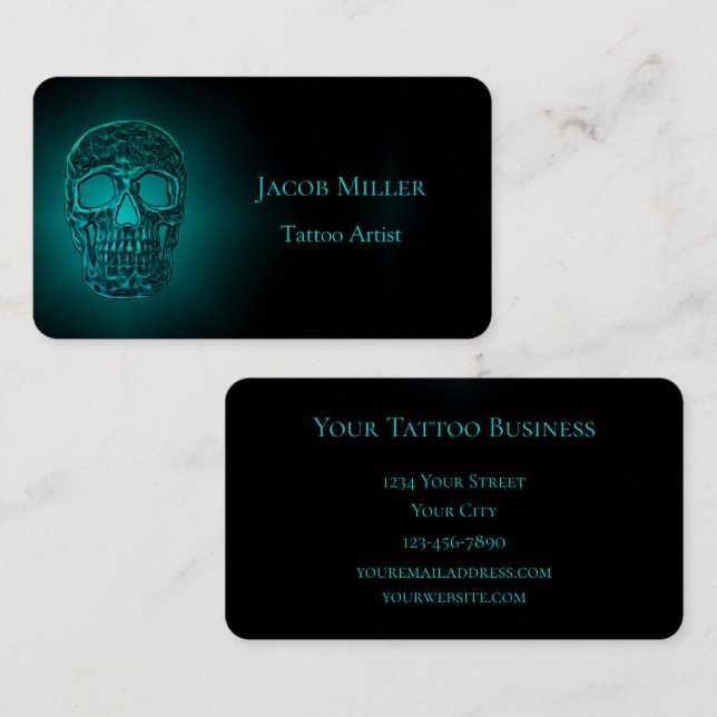 Gothic Skull Head Teal Green Tattoo Shop Business Card (Front/Back)