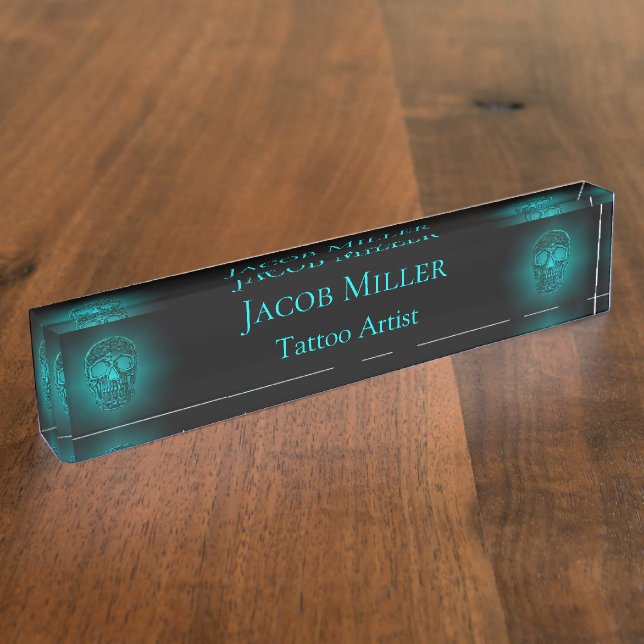 Gothic Skull Head Teal Green Tattoo Shop Desk Name Plate (Side)
