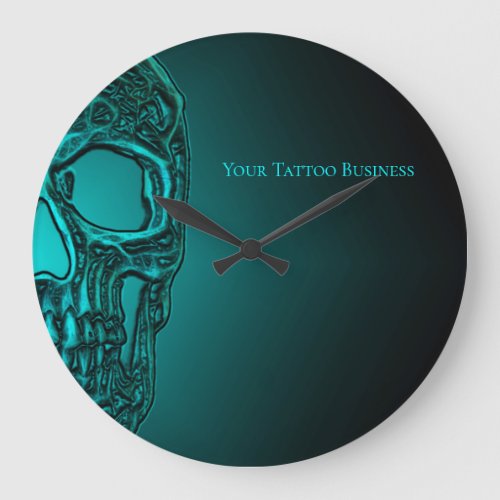 Gothic Skull Head Teal Green Tattoo Shop Large Clock