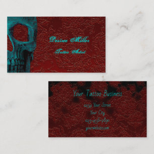 Gothic Skull Head Teal Red Floral Tattoo Artist Business Card