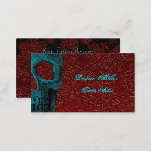 Gothic Skull Head Teal Red Floral Tattoo Artist Business Card