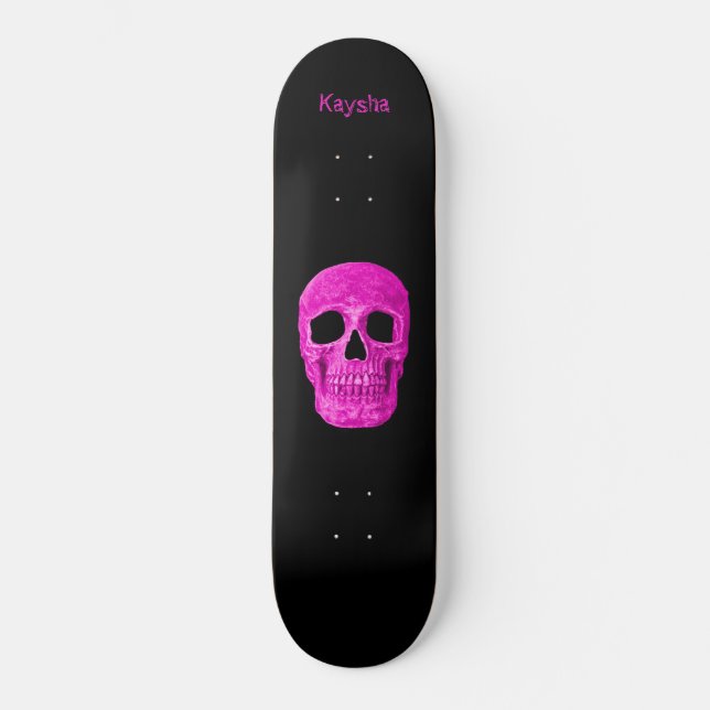 Gothic Skull Neon Girly Pink Creepy Popart Design Skateboard (Front)