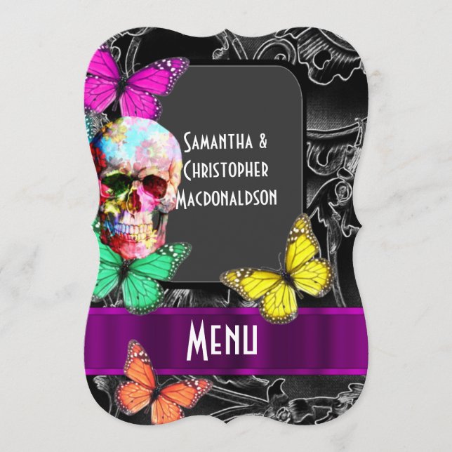 Gothic skull on dark black wedding menu (Front)
