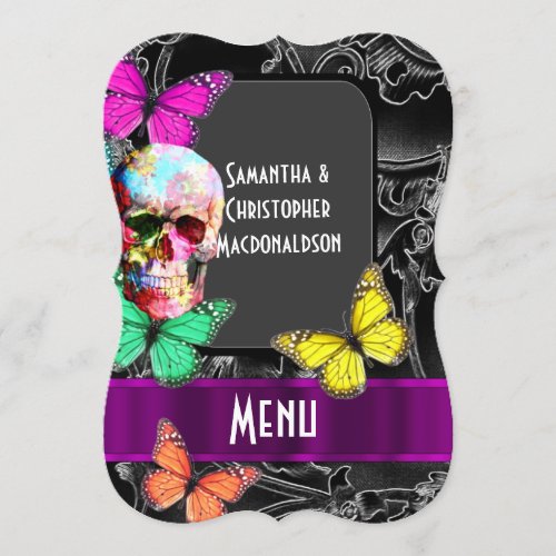 Gothic skull on dark black wedding menu